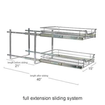 Household Essentials Glidez Multipurpose Chrome-Plated Steel Pull-Out/Slide-Out Basket Storage Organizer for Under Cabinet Use - 2-Tier Design - Fits Standard Size Cabinet or Shelf, Chrome