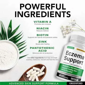 Eczema Treatment & Support for Natural Relief - Made in USA - Skin Vitamins & Herbals for Eczema, Acne, Psoriasis, Rosacea Treatment with Zinc, Niacinamide & Probiotics - 60 caps