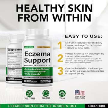 Eczema Treatment & Support for Natural Relief - Made in USA - Skin Vitamins & Herbals for Eczema, Acne, Psoriasis, Rosacea Treatment with Zinc, Niacinamide & Probiotics - 60 caps