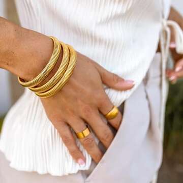 CONRAN KREMIX Gold Chunky Bangle Stretch Bracelets Set for Women Gold Plated Stainless Steel Waterpr...