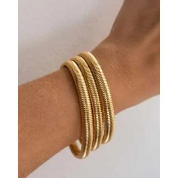 CONRAN KREMIX Gold Chunky Bangle Stretch Bracelets Set for Women Gold Plated Stainless Steel Waterproof Bracelet Stack Non Tarnish Trendy Jewelry 7 Inches 0.8CM Wide 3PCS Set