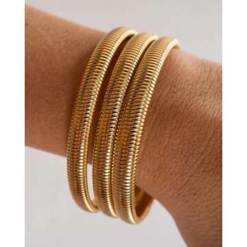 CONRAN KREMIX Gold Chunky Bangle Stretch Bracelets Set for Women Gold Plated Stainless Steel Waterproof Bracelet Stack Non Tarnish Trendy Jewelry 7 Inches 0.8CM Wide 3PCS Set