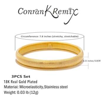 CONRAN KREMIX Gold Chunky Bangle Stretch Bracelets Set for Women Gold Plated Stainless Steel Waterproof Bracelet Stack Non Tarnish Trendy Jewelry 7 Inches 0.8CM Wide 3PCS Set