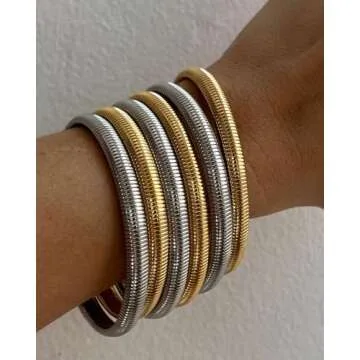 CONRAN KREMIX Gold Chunky Bangle Stretch Bracelets Set for Women Gold Plated Stainless Steel Waterproof Bracelet Stack Non Tarnish Trendy Jewelry 7 Inches 0.8CM Wide 3PCS Set