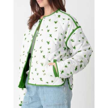 Tankaneo Womens Floral Cropped Quilted Jackets Lightweight Fall Casual Coats Color Block Printed Winter Outerwear