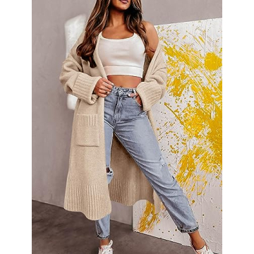 Danedvi Long Cardigan Sweaters for Women 2023 Fall Open Front Knit Oversized Cardigans Duster Coat with Pockets Apricot