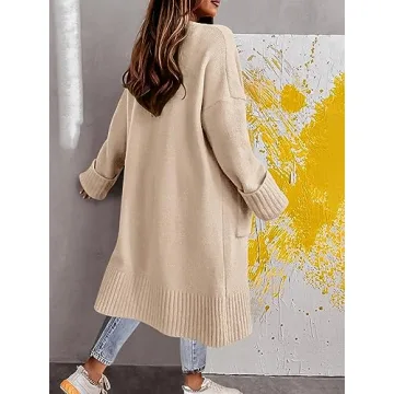 Danedvi Long Cardigan Sweaters for Women 2023 Fall Open Front Knit Oversized Cardigans Duster Coat with Pockets Apricot