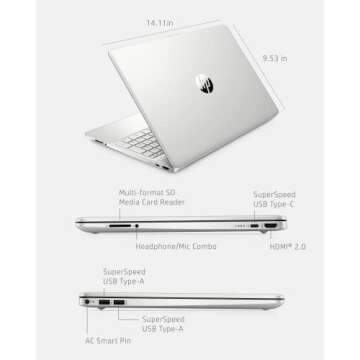 HP 15 Laptop, AMD Ryzen 3-5300U Processor, 8 GB RAM, 256 GB SSD Storage, 15.6-inch HD Micro-Edge Display, Windows 11 Home, Long-Lasting Battery, Fast Charge, 720p Webcam (15-ef2024nr), Natural silver
