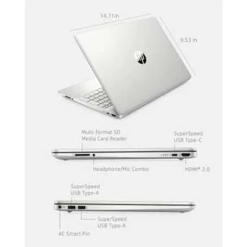 HP 15 Laptop, AMD Ryzen 3-5300U Processor, 8 GB RAM, 256 GB SSD Storage, 15.6-inch HD Micro-Edge Display, Windows 11 Home, Long-Lasting Battery, Fast Charge, 720p Webcam (15-ef2024nr), Natural silver