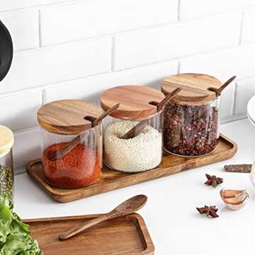 DGSIMZHII 3 PCS Stylish Simple Condiment Canisters Pots Set, Decorative Storage Seasoning Glass Container Box with Bamboo Spoon Lid and Base for Home Kitchen café Storing Salt Sugar Pepper Spice