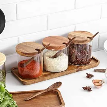 DGSIMZHII 3 PCS Stylish Simple Condiment Canisters Pots Set, Decorative Storage Seasoning Glass Container Box with Bamboo Spoon Lid and Base for Home Kitchen café Storing Salt Sugar Pepper Spice