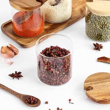 DGSIMZHII 3 PCS Stylish Simple Condiment Canisters Pots Set, Decorative Storage Seasoning Glass Container Box with Bamboo Spoon Lid and Base for Home Kitchen café Storing Salt Sugar Pepper Spice