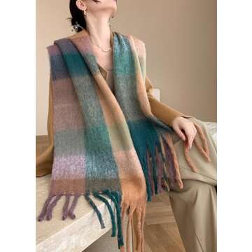 Wander Agio Winter Women Warm Scarf Long Shawl Large Scarves Cold Weather Thick Blanket Scarfs Colorful Plaid Green Dark Khaki 40