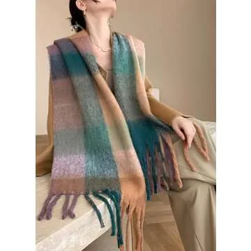 Wander Agio Winter Women Warm Scarf Long Shawl Large Scarves Cold Weather Thick Blanket Scarfs Colorful Plaid Green Dark Khaki 40