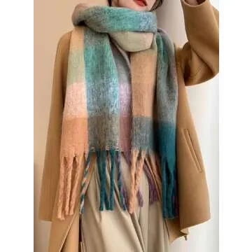 Wander Agio Winter Women Warm Scarf Long Shawl Large Scarves Cold Weather Thick Blanket Scarfs Colorful Plaid Green Dark Khaki 40