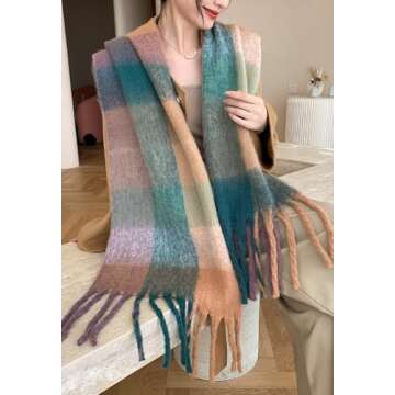 Wander Agio Winter Women Warm Scarf Long Shawl Large Scarves Cold Weather Thick Blanket Scarfs Colorful Plaid Green Dark Khaki 40