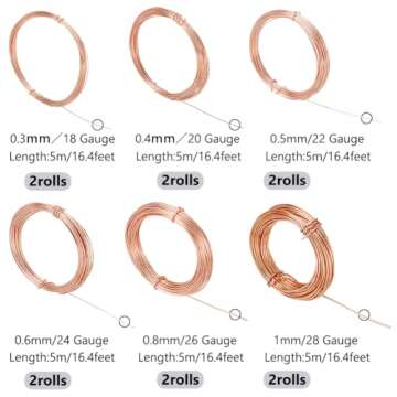BENECREAT 12 Rolls 196 Feet Dead Soft Copper Wire, 18/20/22/24/26/28 Gauge Solid Bare Copper Wire Ro...