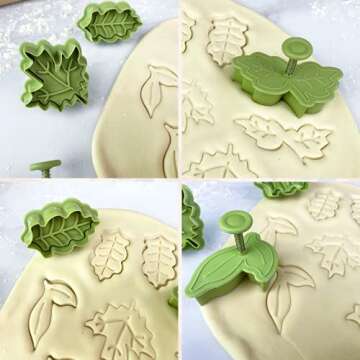 Crethinkaty Thanksgiving&Christmas Plungers Fondant Cutters-Christmas Holly Leaves Maple Leaves Shapes Cookie Cutters Cake Decorations Mould Set Cookie Stamps for Christmas Spring Autumn.