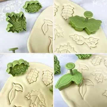 Crethinkaty Thanksgiving&Christmas Plungers Fondant Cutters-Christmas Holly Leaves Maple Leaves Shapes Cookie Cutters Cake Decorations Mould Set Cookie Stamps for Christmas Spring Autumn.