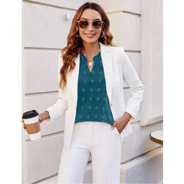 Blooming Jelly Women's Puff Sleeve Cute Shirts Swiss Dot Blouse Chic V Neck Short Sleeve Tee Shirts (Medium, Teal)