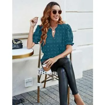 Blooming Jelly Women's Puff Sleeve Cute Shirts Swiss Dot Blouse Chic V Neck Short Sleeve Tee Shirts (Medium, Teal)