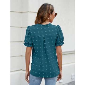 Blooming Jelly Women's Puff Sleeve Cute Shirts Swiss Dot Blouse Chic V Neck Short Sleeve Tee Shirts (Medium, Teal)