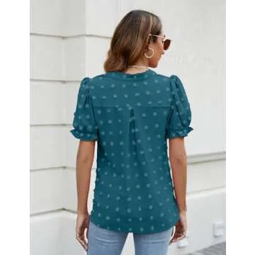 Blooming Jelly Women's Puff Sleeve Cute Shirts Swiss Dot Blouse Chic V Neck Short Sleeve Tee Shirts (Medium, Teal)