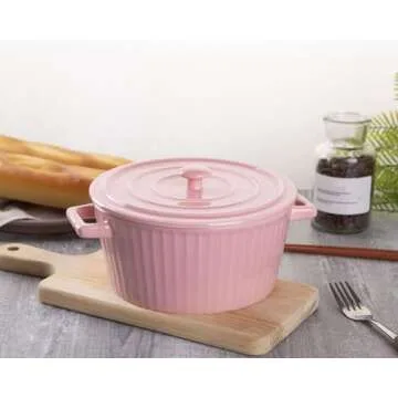 WHJY Pink Ceramic Casserole Dish with Lid，1 Quart Ceramic Casserole Pan for Bakeware Oven