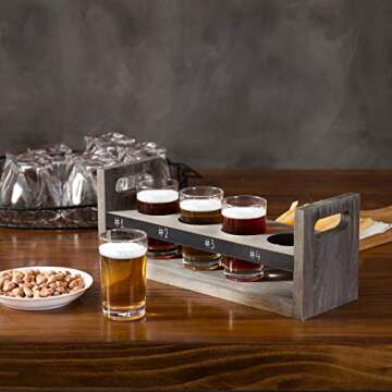 MyGift 5 Piece Beer Flight Board Tasting Sampler Set with Chalkboard Panel, 4 Beer Glasses and Vinta...