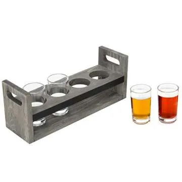 MyGift 5 Piece Beer Flight Board Tasting Sampler Set with Chalkboard Panel, 4 Beer Glasses and Vintage Gray Wood Carrying Tray with Handles