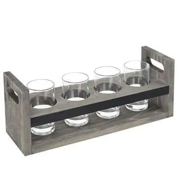 MyGift 5 Piece Beer Flight Board Tasting Sampler Set with Chalkboard Panel, 4 Beer Glasses and Vintage Gray Wood Carrying Tray with Handles