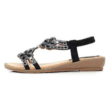 Yicornchen Women's T-Strap Beaded Flower Rhinestone Flat Sandals Dress Beach Shoes(8 B(M) US,Black)
