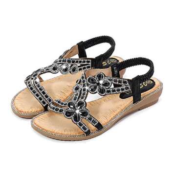 Yicornchen Women's Stylish T-Strap Rhinestone Sandals