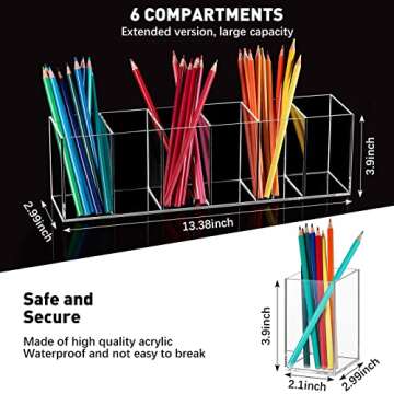 Jetec Acrylic Pen Holder 6 Compartments Makeup Brush Stationery Organizer Pencil Holder for Desk Acc...
