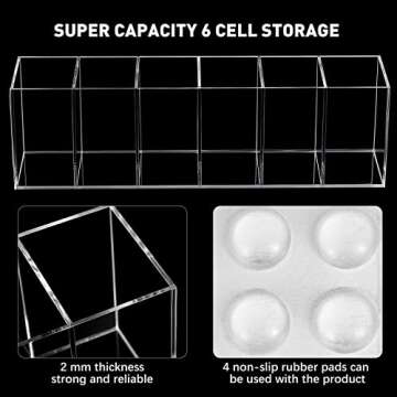 Jetec Acrylic Pen Holder 6 Compartments Makeup Brush Stationery Organizer Pencil Holder for Desk Accessories, Cosmetic Brushes, Dorm, Home, Bathroom, Kitchen, Office Supplies(Clear)