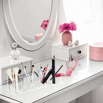 Jetec Acrylic Pen Holder 6 Compartments Makeup Brush Stationery Organizer Pencil Holder for Desk Accessories, Cosmetic Brushes, Dorm, Home, Bathroom, Kitchen, Office Supplies(Clear)