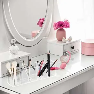 Jetec Acrylic Pen Holder 6 Compartments Makeup Brush Stationery Organizer Pencil Holder for Desk Accessories, Cosmetic Brushes, Dorm, Home, Bathroom, Kitchen, Office Supplies(Clear)