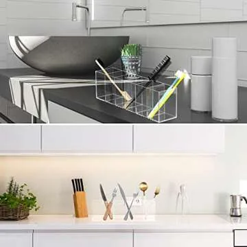 Jetec Acrylic Pen Holder 6 Compartments Makeup Brush Stationery Organizer Pencil Holder for Desk Accessories, Cosmetic Brushes, Dorm, Home, Bathroom, Kitchen, Office Supplies(Clear)