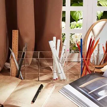 Jetec Acrylic Pen Holder 6 Compartments Makeup Brush Stationery Organizer Pencil Holder for Desk Accessories, Cosmetic Brushes, Dorm, Home, Bathroom, Kitchen, Office Supplies(Clear)