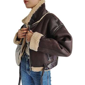YILANUOYI Winter Women Faux Lamb Sherpa Aviator Bomber Jacket Vintage Cropped Coat