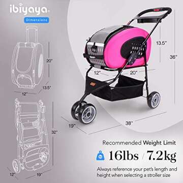 ibiyaya - Compact 5-in-1 Convertible and Foldable Small Pet Carrier and Stroller - Multifunctional Combo System Cat Stroller and Dog Stroller - Pets up to 16 Pounds - Pink
