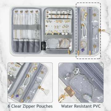 MATEIN Jewelry Travel Case for Women, Large Jewelry Holder Organizer with Transparent Pockets, Foldable Jewelry Roll Bag for Necklace Earring Ring Storage, Mothers Day Gifts for Mom, Beige