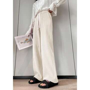 utcoco Women's High Waisted Corduroy Pants Casual Drawstring Wide Leg Corduroy Pants for Women (Small, Beige)