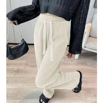 utcoco Women's High Waisted Corduroy Pants Casual Drawstring Wide Leg Corduroy Pants for Women (Small, Beige)