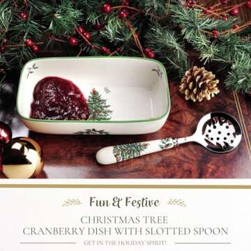 Spode Christmas Tree Cranberry Sauce Serving Dish with Slotted Spoon (8"x 4.25") - Rectangular Holid...