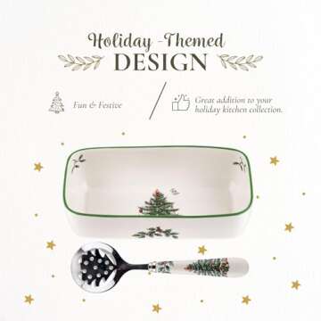Spode Christmas Tree Cranberry Sauce Serving Dish with Slotted Spoon (8"x 4.25") - Rectangular Holiday Server with Holiday Motif - Dishwasher, Microwave, Freezer Safe Serveware for Entertaining