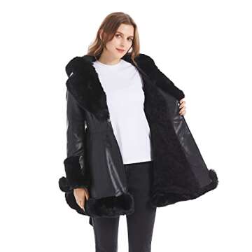 GRAN ORIENTE Faux Leather Jacket for Women with Faux Fur Collar Long Sleeve Furry Parka Outerwear with Hood Warm Lined Winter Coat with Belt (GK024 Brown M)