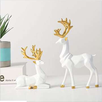 Christmas Reindeer Figurine Nordic Modern Style Synthetic Resin Elk Statue Pair Fitting Standing Deer Sitting Deer Decoration Family Living Room Bedroom Study Office Desk Decor (White)