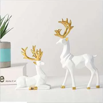 Christmas Reindeer Figurine Nordic Modern Style Synthetic Resin Elk Statue Pair Fitting Standing Deer Sitting Deer Decoration Family Living Room Bedroom Study Office Desk Decor (White)