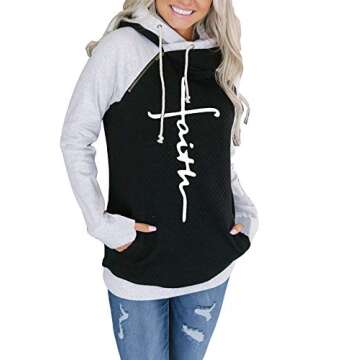 AELSON Women's Faith Print Hoodies Patchwork Long Sleeve Lightweight Pullover Tops Sweatshirts with Pocket